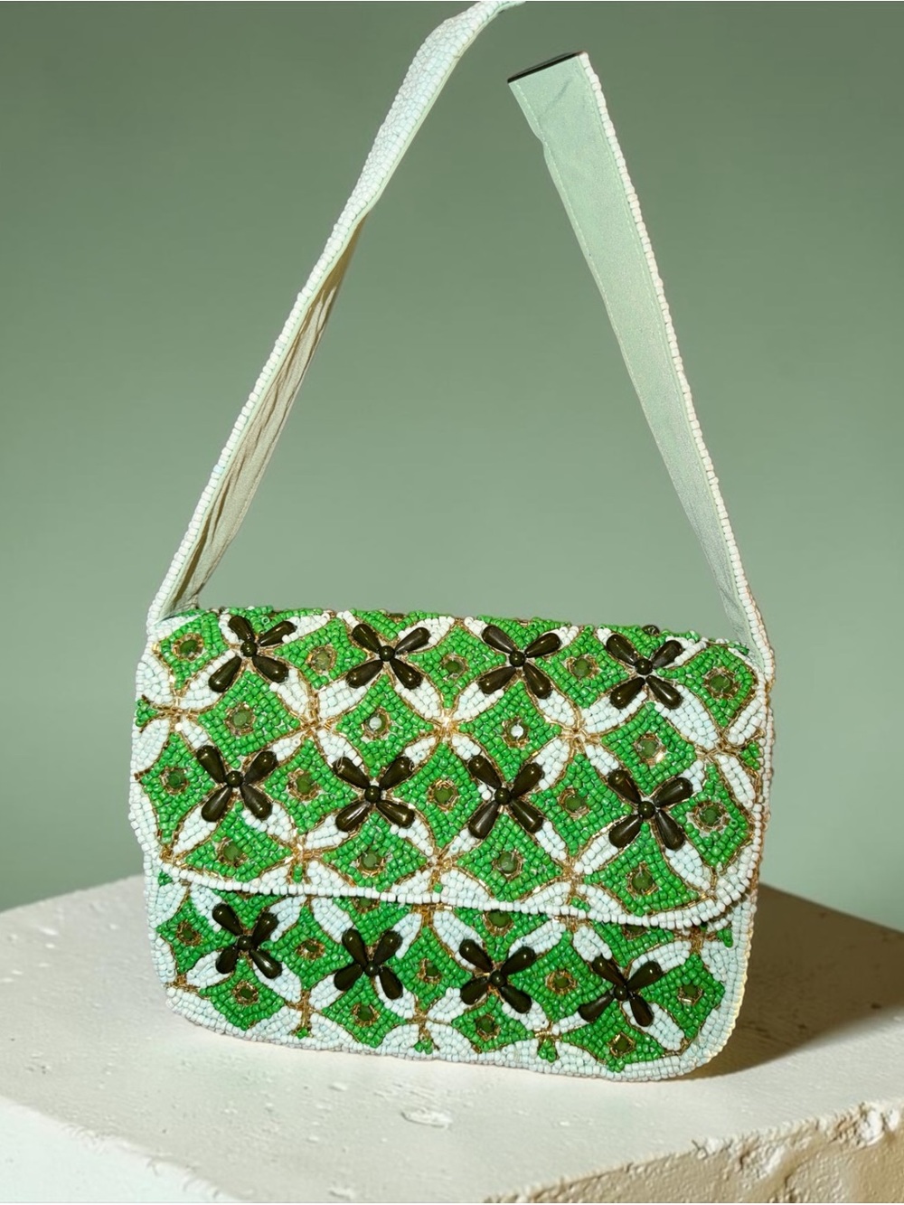 Studio 12 Green Floral Hand Beaded Shoulder Bag Statement Purse
